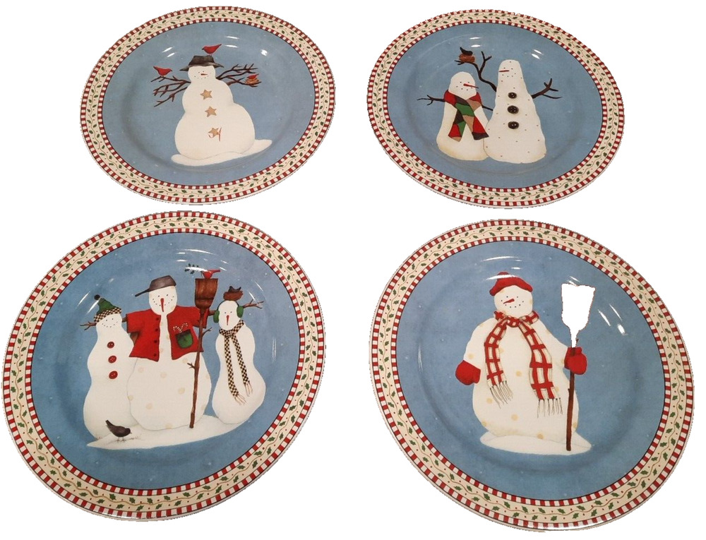 Set of 4 Sakura Debbie Mumm Snowman Lunch Salad Dessert Plates 8 1/4"